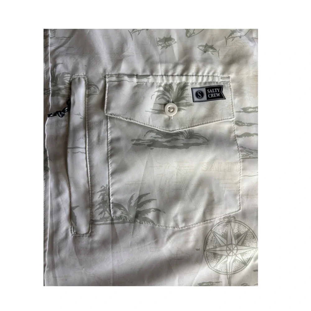 Salty Crew Mens 2XL Short Sleeve Fishing Shirt Beige Tropical Nautical Print - Picture 9 of 9